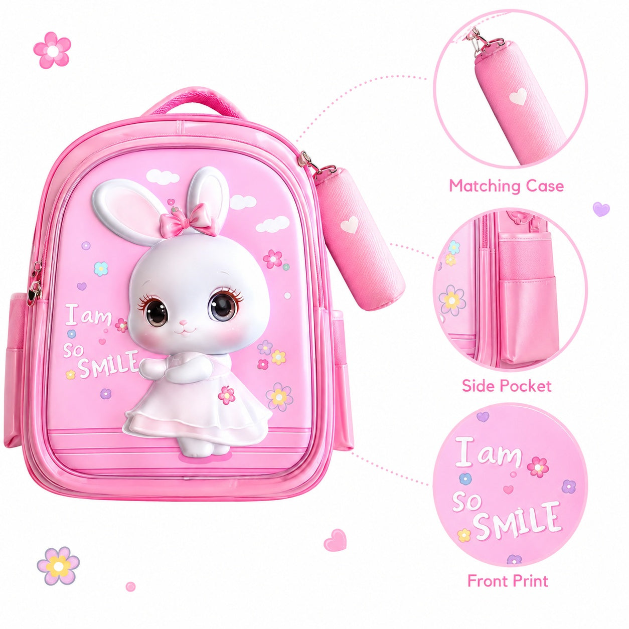 Hibobi Kids School Backpack with Matching Pencil Case, Cartoon Design and Multiple Compartments - Bunny - Pink