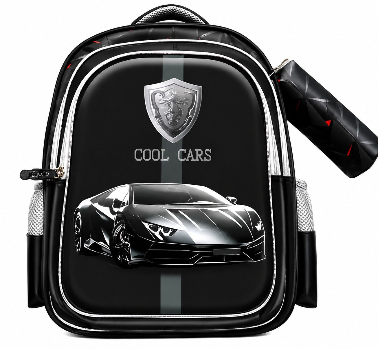 Hibobi Kids School Backpack with Matching Pencil Case, Cartoon Design and Multiple Compartments - Sports Car - Black