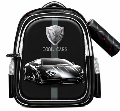 Hibobi Kids School Backpack with Matching Pencil Case, Cartoon Design and Multiple Compartments - Sports Car - Black
