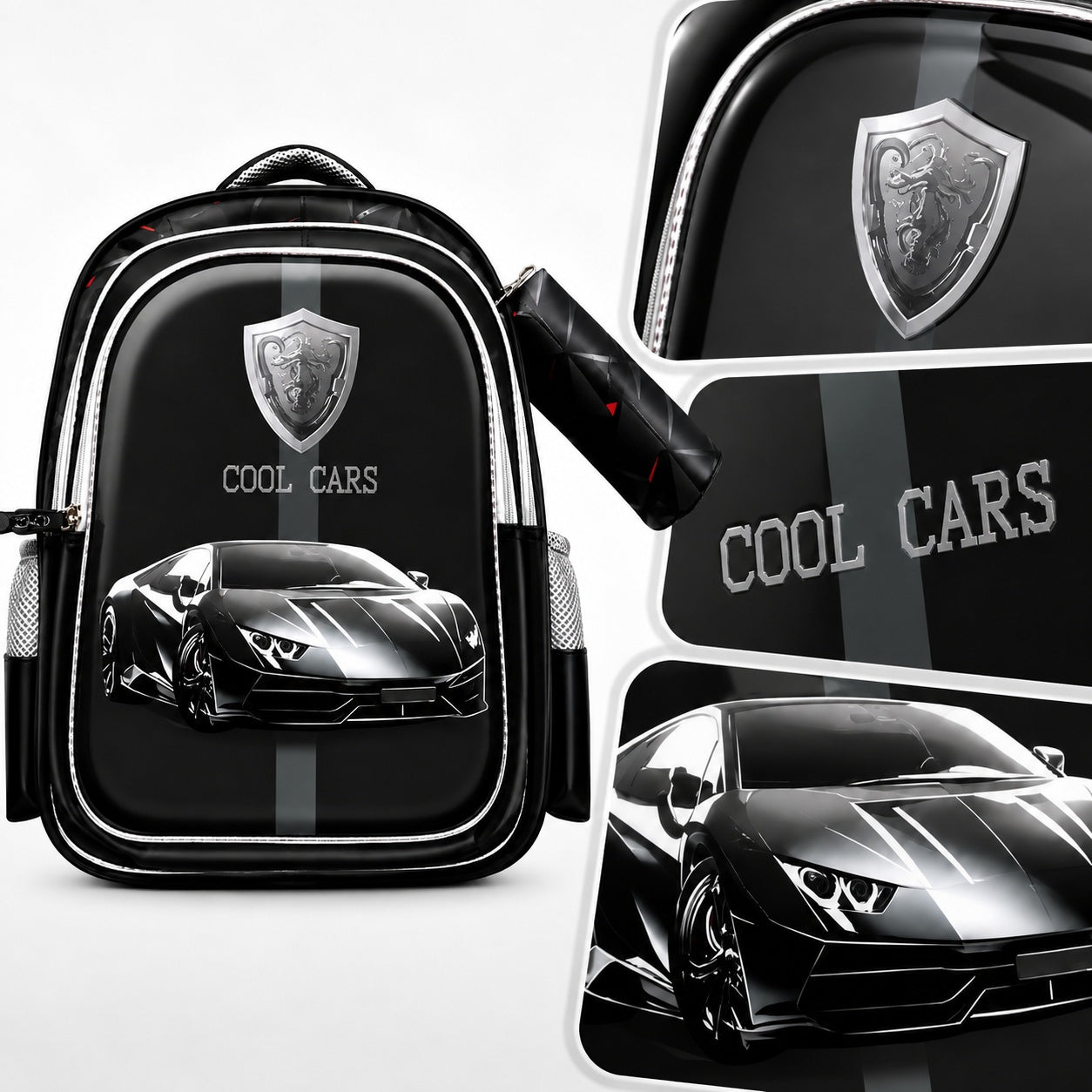 Hibobi Kids School Backpack with Matching Pencil Case, Cartoon Design and Multiple Compartments - Sports Car - Black