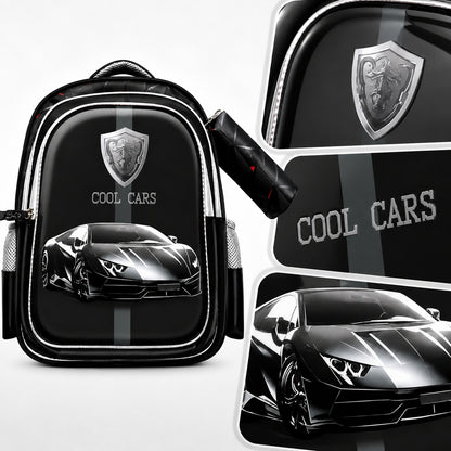 Hibobi Kids School Backpack with Matching Pencil Case, Cartoon Design and Multiple Compartments - Sports Car - Black
