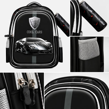 Hibobi Kids School Backpack with Matching Pencil Case, Cartoon Design and Multiple Compartments - Sports Car - Black