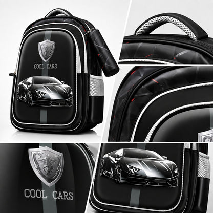 Hibobi Kids School Backpack with Matching Pencil Case, Cartoon Design and Multiple Compartments - Sports Car - Black