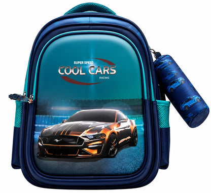 Hibobi Kids School Backpack with Matching Pencil Case, Cartoon Design and Multiple Compartments - Racing Car - Blue