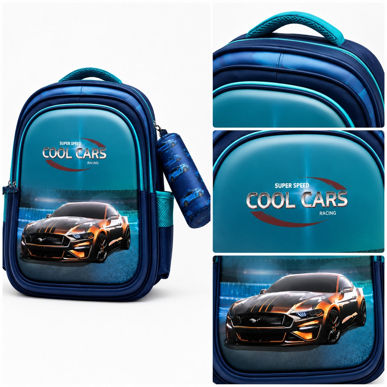 Hibobi Kids School Backpack with Matching Pencil Case, Cartoon Design and Multiple Compartments - Racing Car - Blue