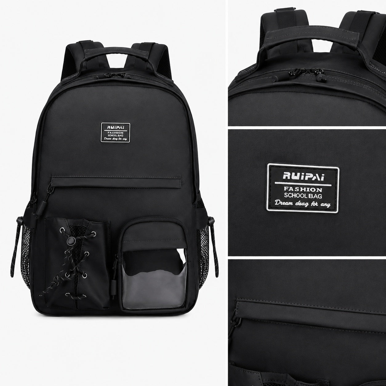 Hibobi Black School Backpack, Multi-Pocket Backpack with Side Mesh Pockets - image 2