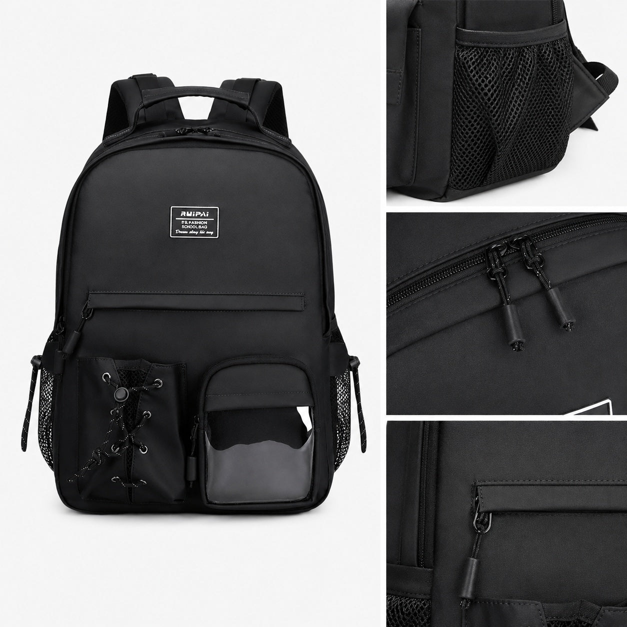 Hibobi Black School Backpack, Multi-Pocket Backpack with Side Mesh Pockets - image 4