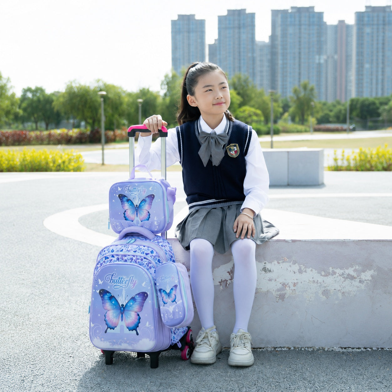 Hibobi Butterfly Backpack Set for Girls, 3-Piece School Bag Set with Backpack, Lunch Bag and Pencil Case - Purple