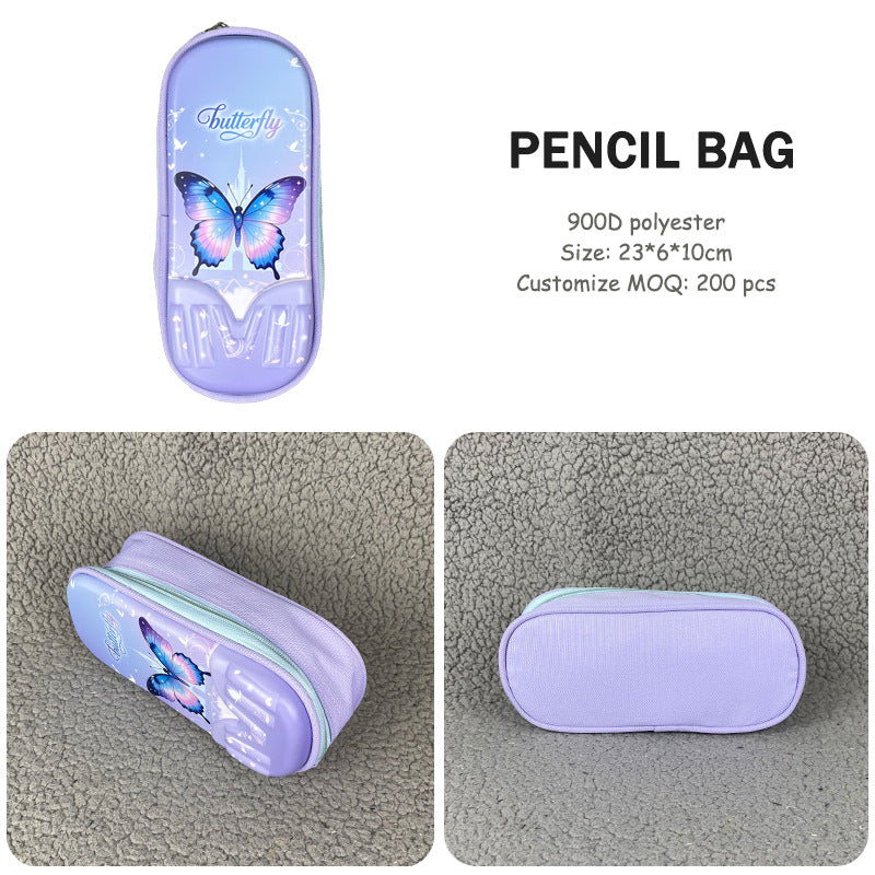 Hibobi Butterfly Backpack Set for Girls, 3-Piece School Bag Set with Backpack, Lunch Bag and Pencil Case - Purple