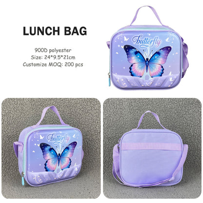 Hibobi Butterfly Backpack Set for Girls, 3-Piece School Bag Set with Backpack, Lunch Bag and Pencil Case - Purple
