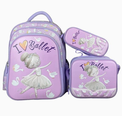 Hibobi Ballet Backpack Set for Girls, 3-Piece School Bag Set with Backpack, Lunch Bag and Pencil Case - Pink