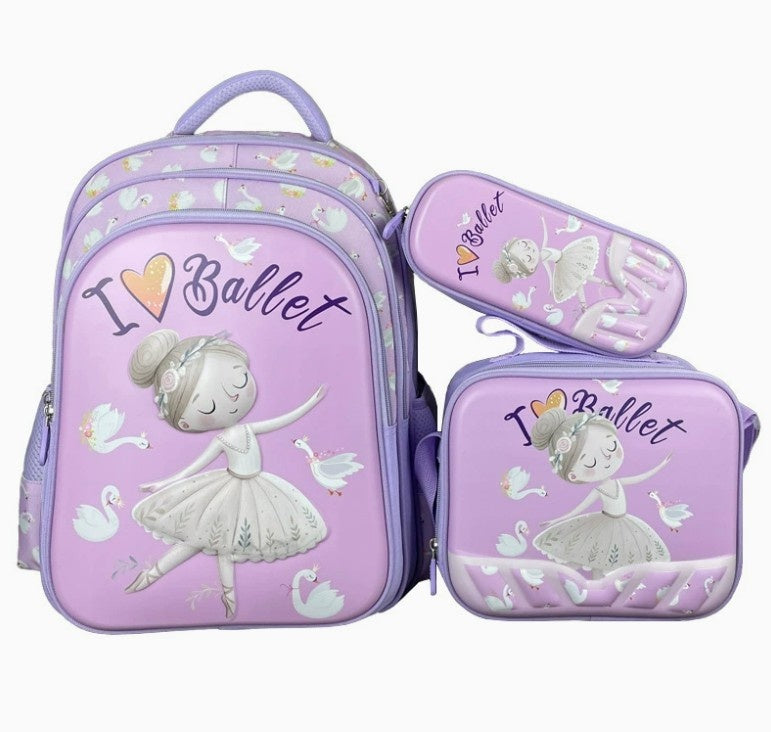 Hibobi Ballet Backpack Set for Girls, 3-Piece School Bag Set with Backpack, Lunch Bag and Pencil Case - Pink