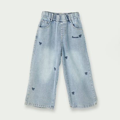 4-9 Years Embroidered Denim Wide-Leg Pants