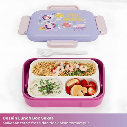 Hibobi Kids 3-Compartment Portable Lunch Box with Handle & Cutlery