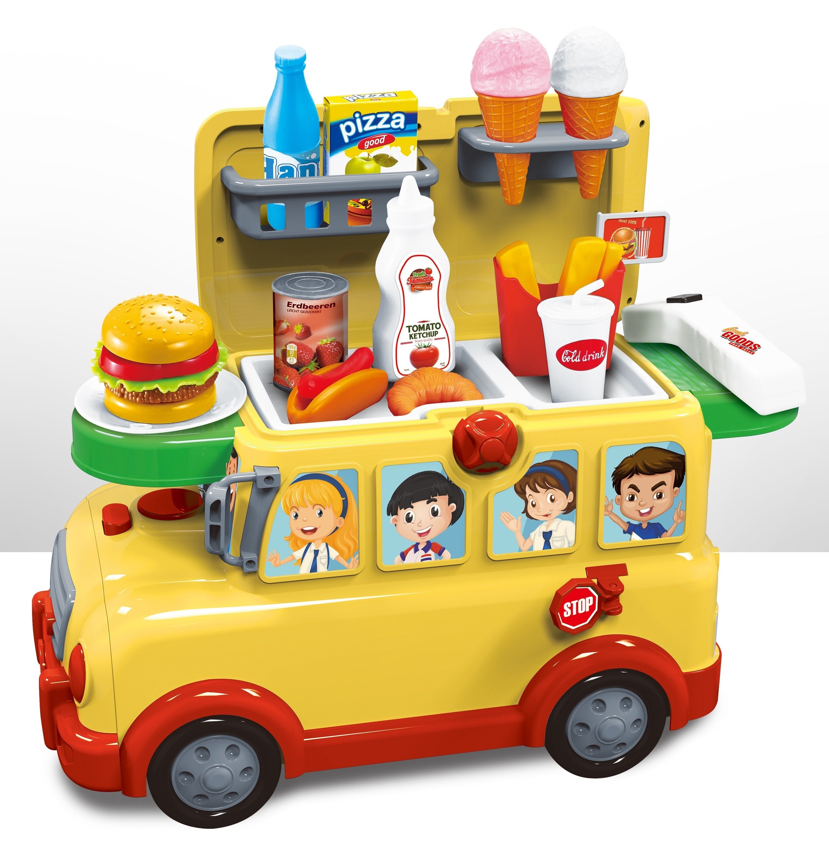 2-in-1 School Bus Food Truck Pretend Play Toy | Kids Kitchen & Restaurant Set
