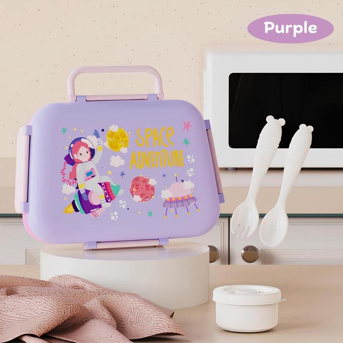 Hibobi Kids 3-Compartment Portable Lunch Box with Handle & Cutlery