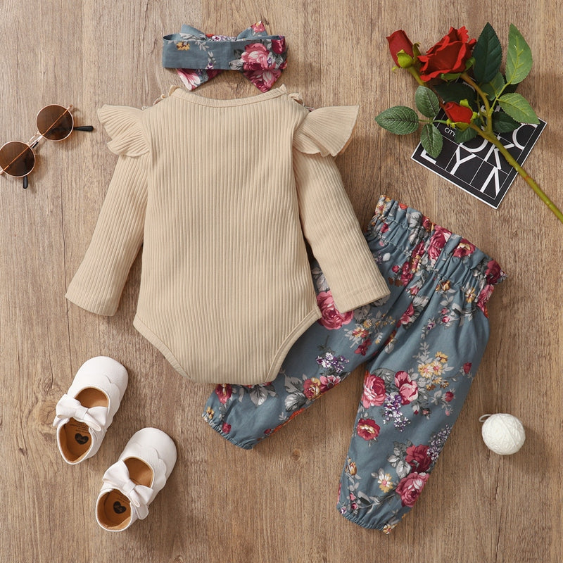 Baby Girl Ribbed Long Sleeve Bodysuit & Pants & Headband