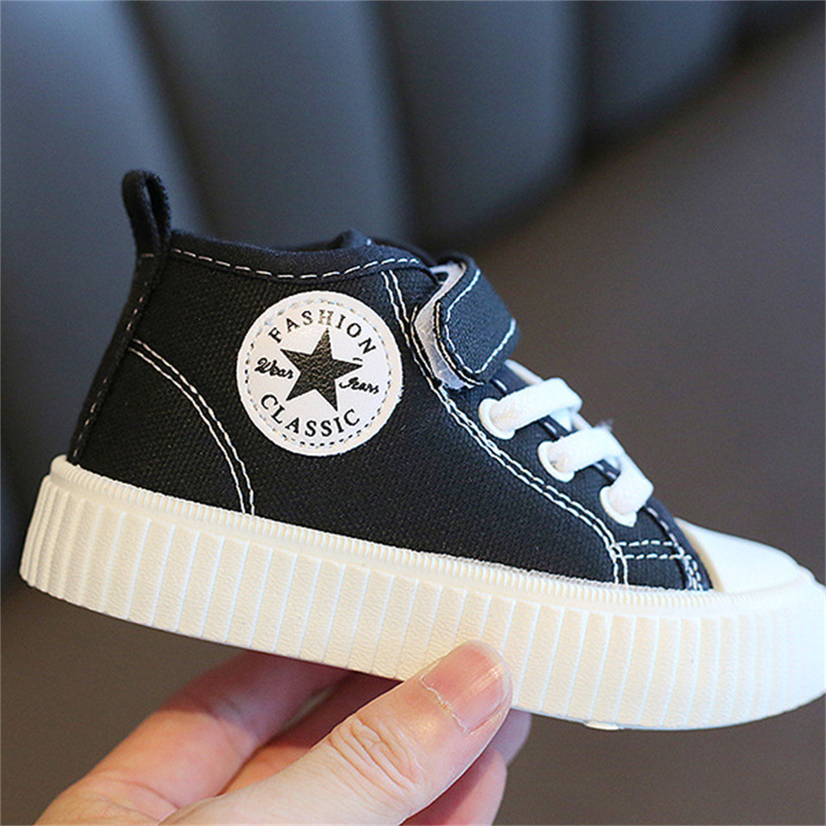 Children's and boys' spring and autumn pure color simple casual style Velcro high-top canvas shoes