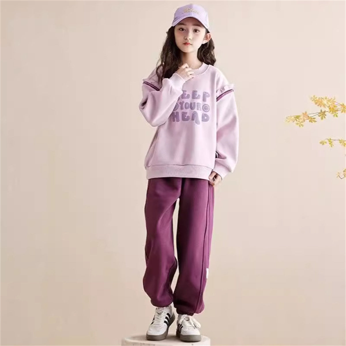 2-piece set for medium and large children and girls, simple and elegant style, letter style, small ruffled sweater suit