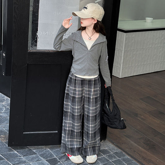 Solid Color Sweatshirt Casual Sports 2-Piece Set Plaid Trousers