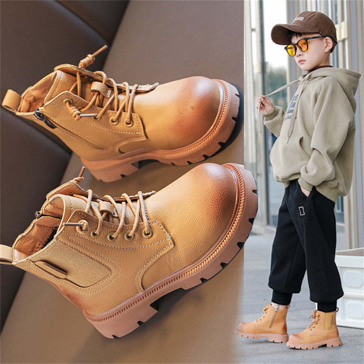 Middle and large boys autumn and winter solid color British style soft sole waterproof non-slip Martin boots