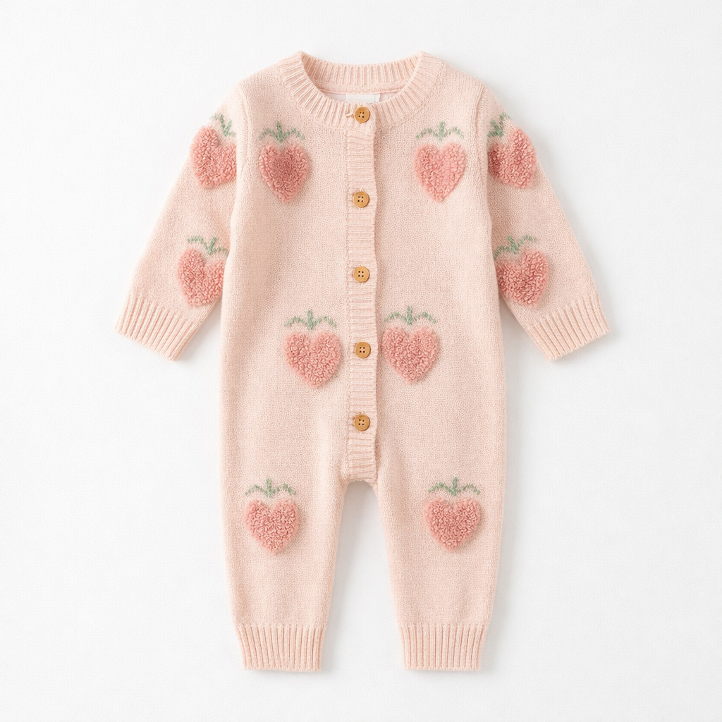 Sweet Strawberry Knitted Baby Girl Romper - Long Sleeve Warm Jumpsuit for Autumn Winter