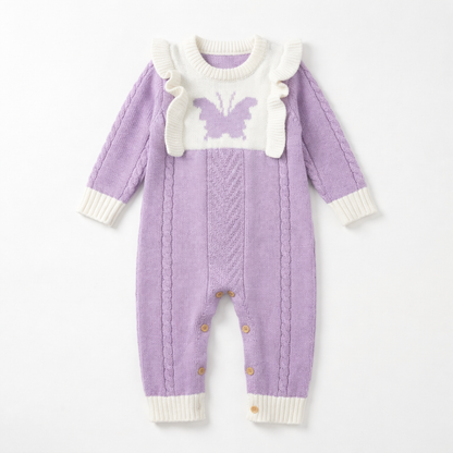 Sweet Butterfly Knitted Baby Girl Romper - Long Sleeve Ruffle Jumpsuit, Purple