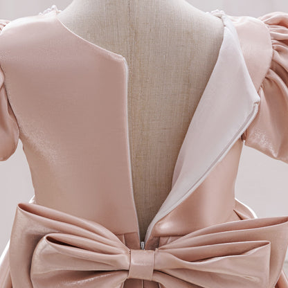 Beaded Glossy Satin Puff Sleeve Princess Dress For Party Girl