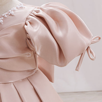 Beaded Glossy Satin Puff Sleeve Princess Dress For Party Girl