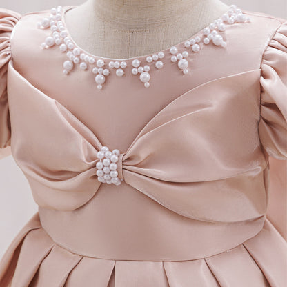 Beaded Glossy Satin Puff Sleeve Princess Dress For Party Girl