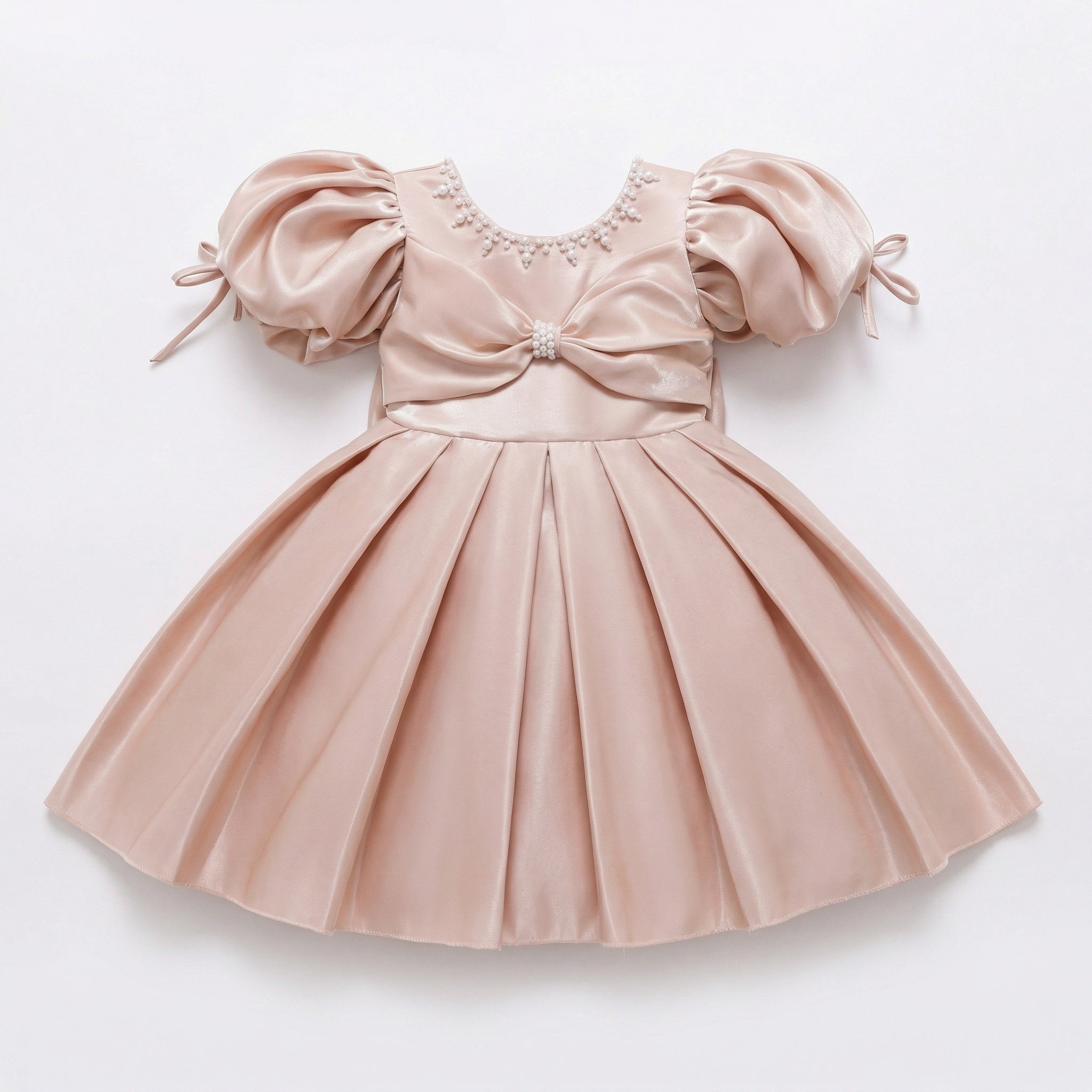 Beaded Glossy Satin Puff Sleeve Princess Dress For Party Girl