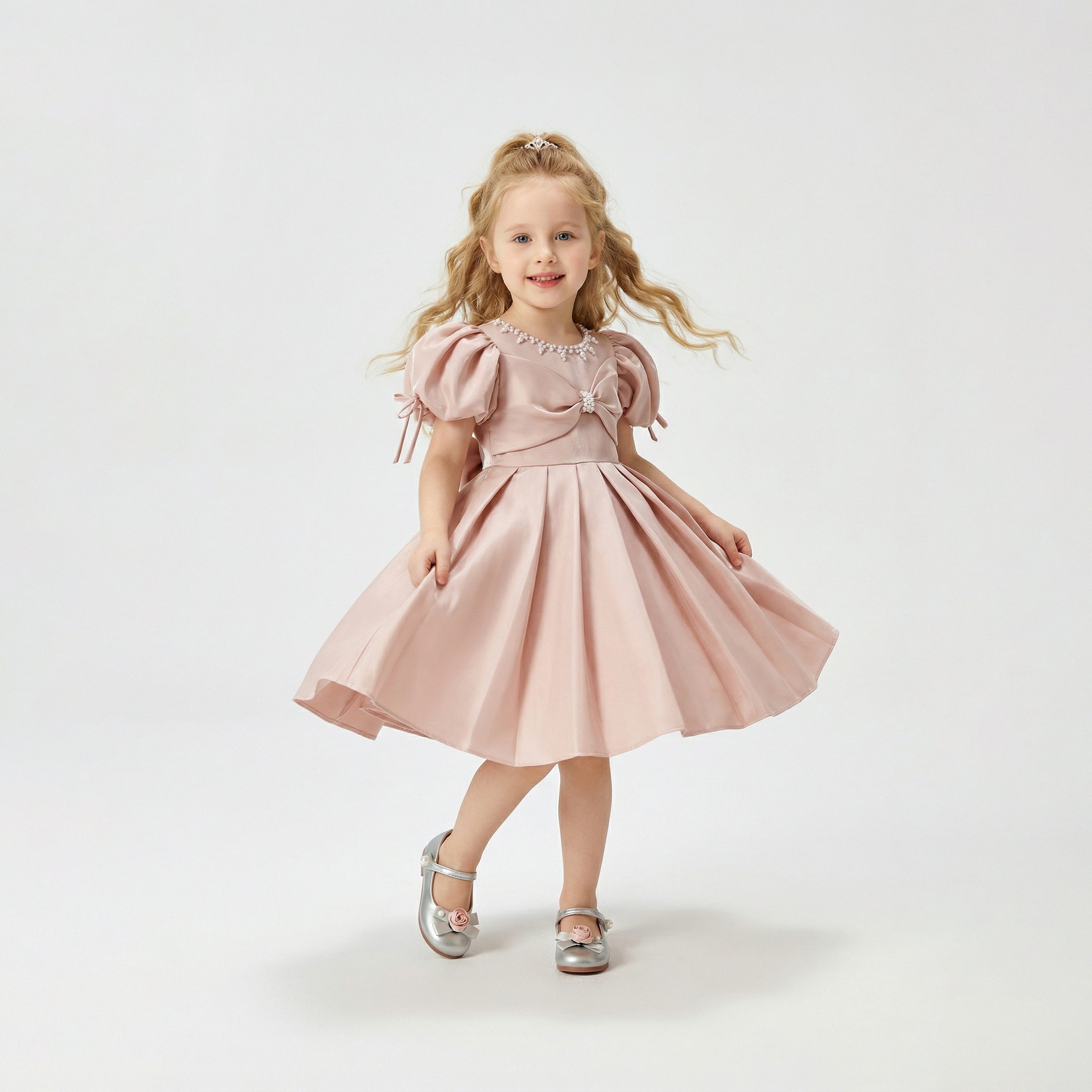 Beaded Glossy Satin Puff Sleeve Princess Dress For Party Girl