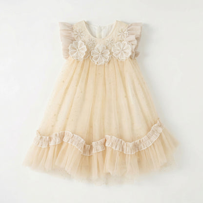 Flutter Sleeve 3D Floral Tulle Puffy Dress For Party Girl