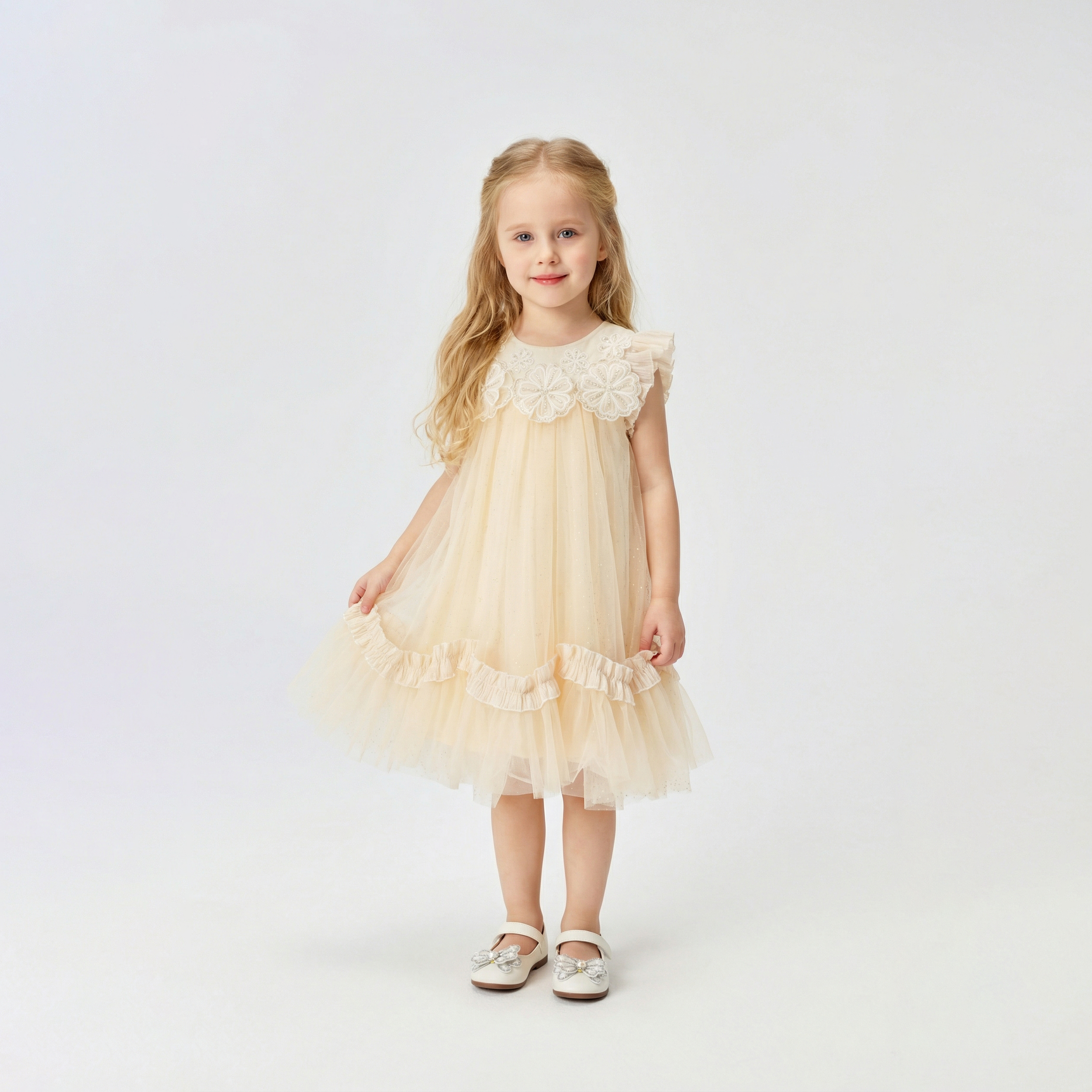 Flutter Sleeve 3D Floral Tulle Puffy Dress For Party Girl