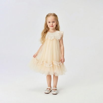 Flutter Sleeve 3D Floral Tulle Puffy Dress For Party Girl