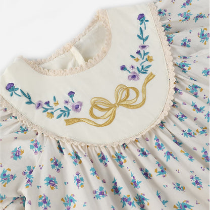 Flutter Sleeve Bow Embroidery French Dress Girl