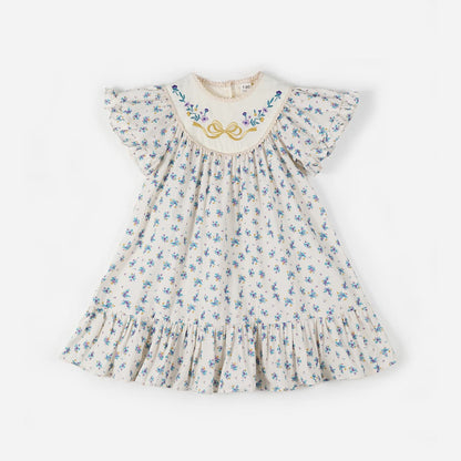 Flutter Sleeve Bow Embroidery French Dress Girl