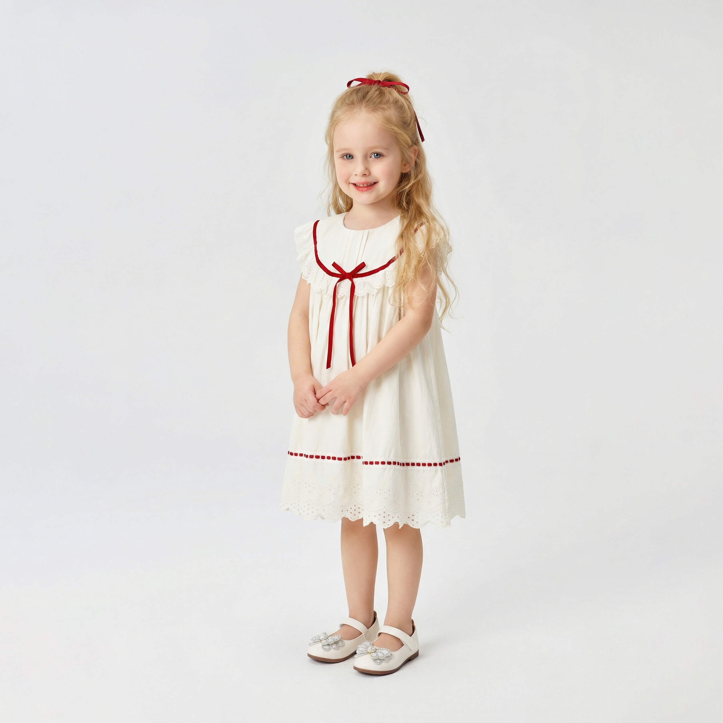 Red Ribbon Ruffle Lace Dress Girl