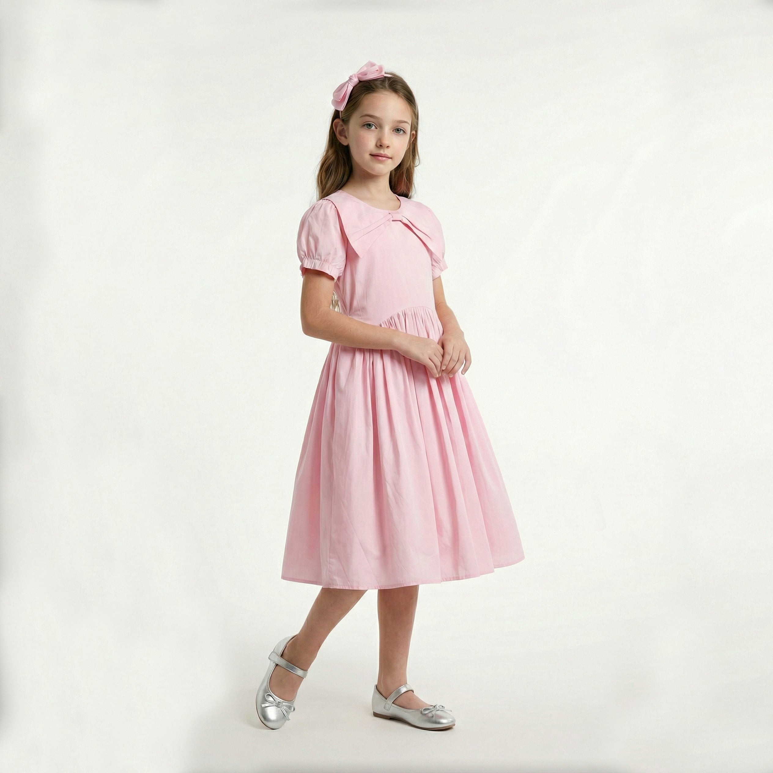 Puff Sleeve Bow Collar Dress Girl