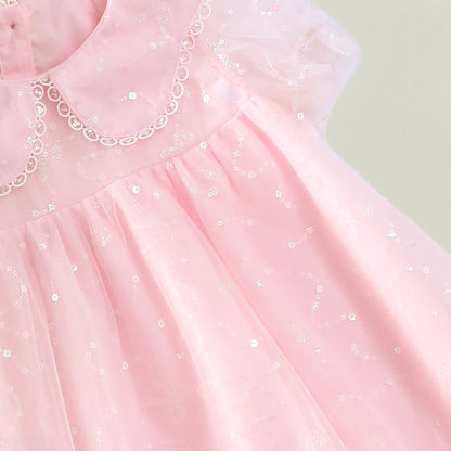 Sweet Lace Trim Tulle Peter Pan Collar Dress Pink Girl
