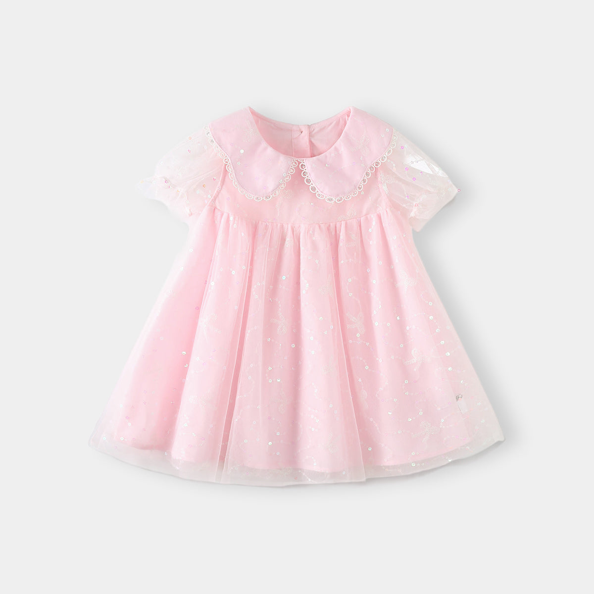 Sweet Lace Trim Tulle Peter Pan Collar Dress Pink Girl
