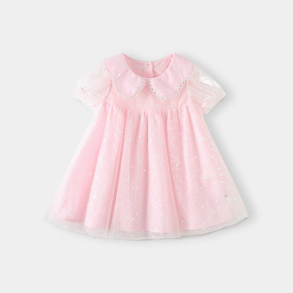 Sweet Lace Trim Tulle Peter Pan Collar Dress Pink Girl