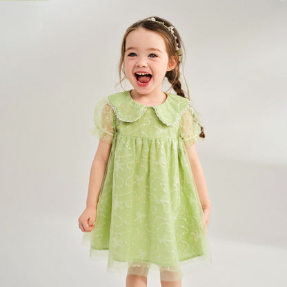Sweet Lace Trim Tulle Peter Pan Collar Dress Green Girl