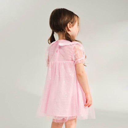 Sweet Lace Trim Tulle Peter Pan Collar Dress Pink Girl