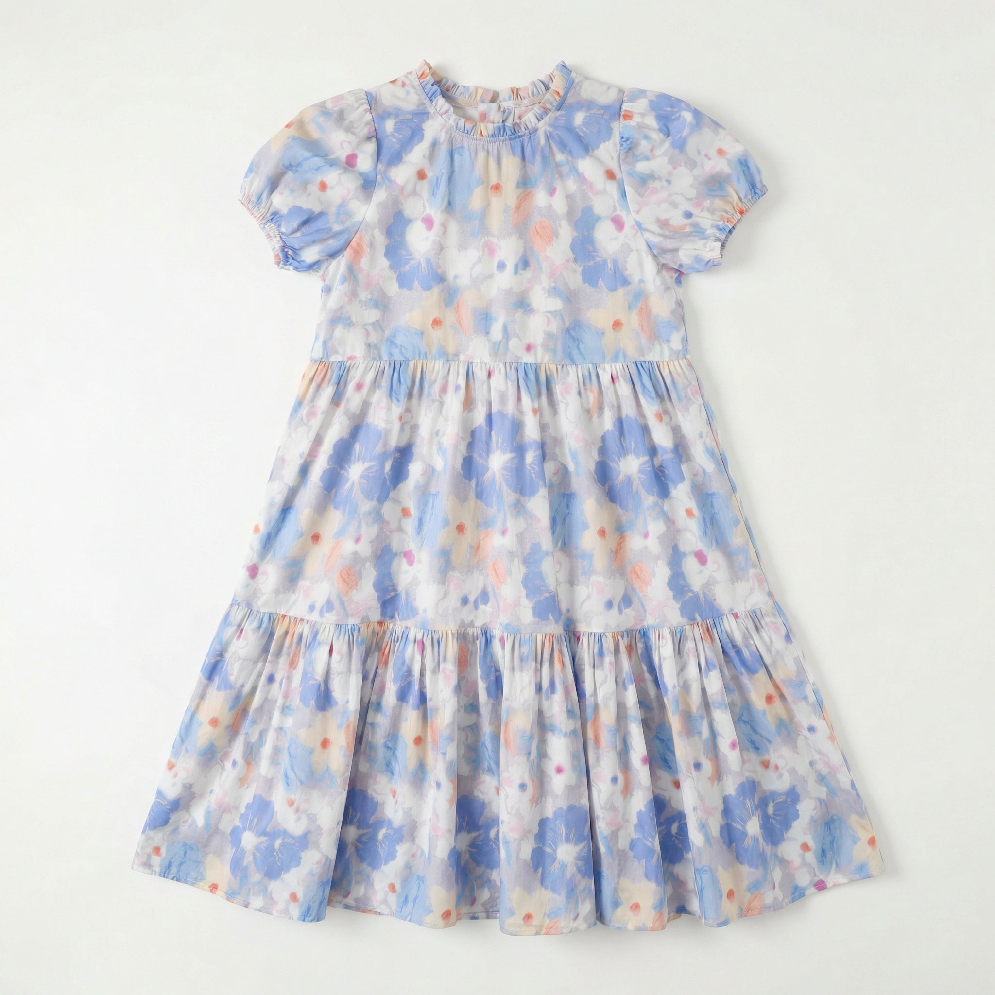 Floral Puff Short Sleeve Double Layer Dress Girl