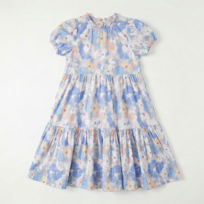 Floral Puff Short Sleeve Double Layer Dress Girl