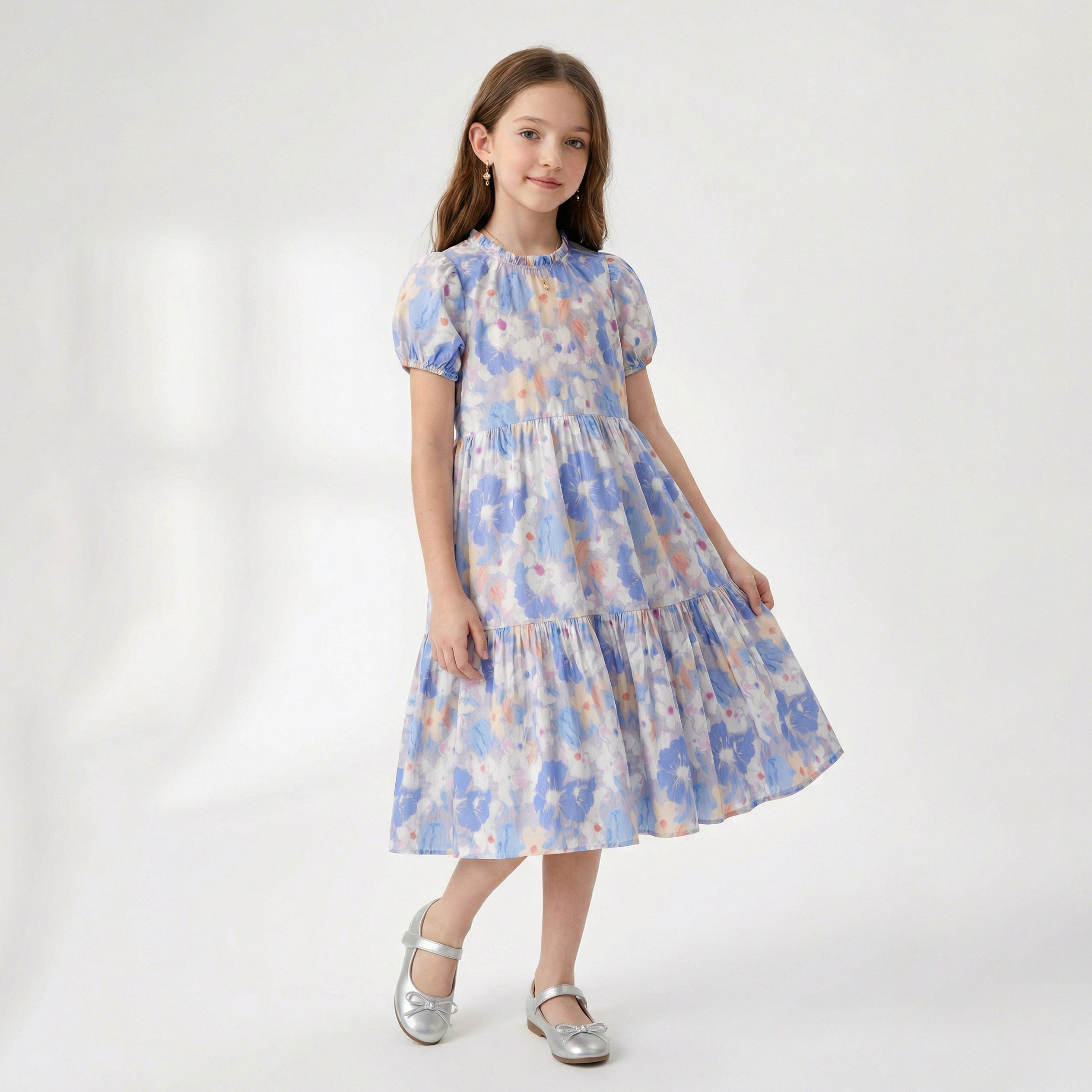Floral Puff Short Sleeve Double Layer Dress Girl