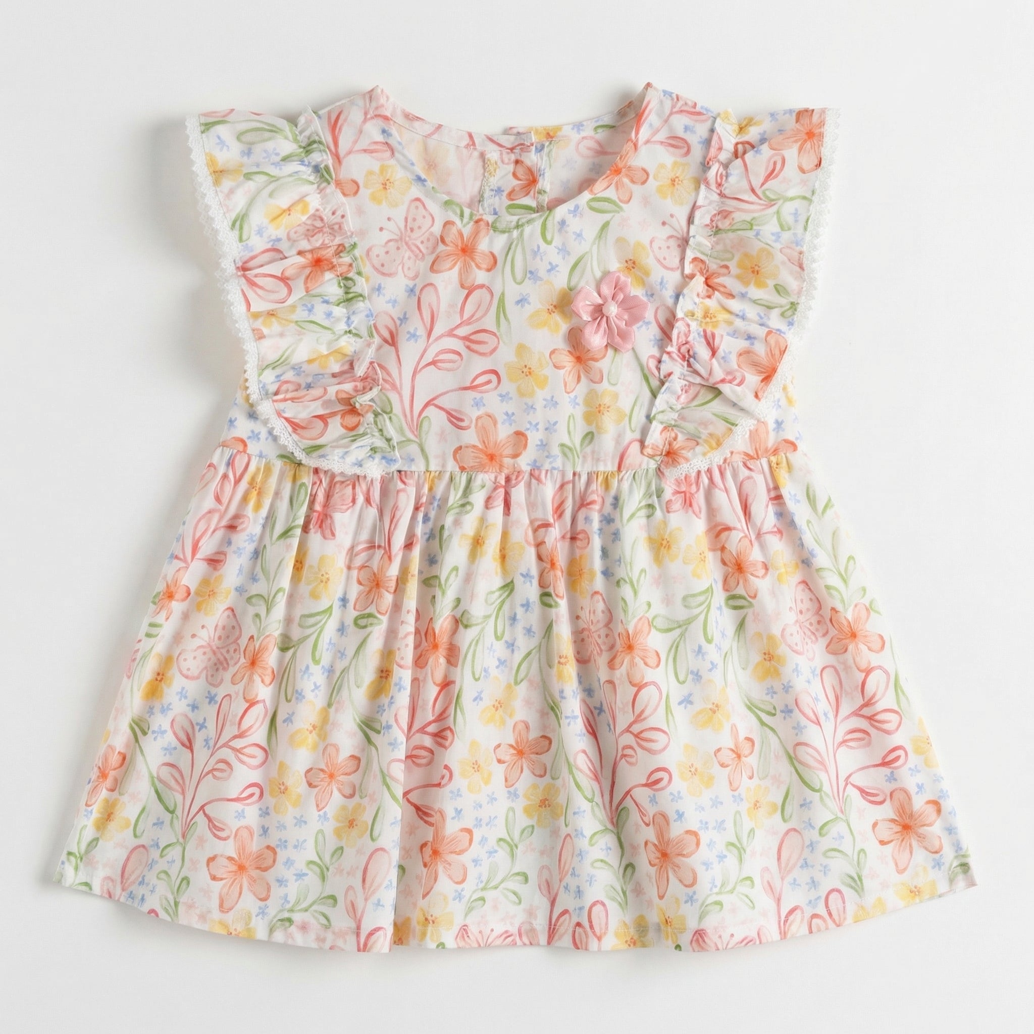 Butterfly Floral Flutter Sleeve Round Neck Top Suit Girl