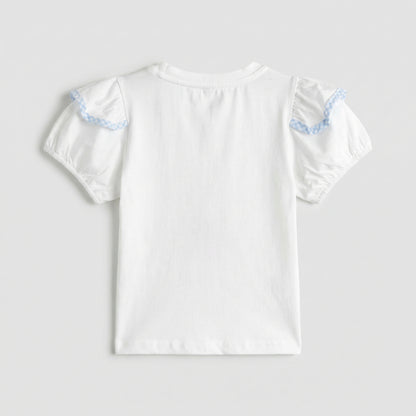 Bunny Print Short Sleeve Blue Plaid Bubble Suit Girl