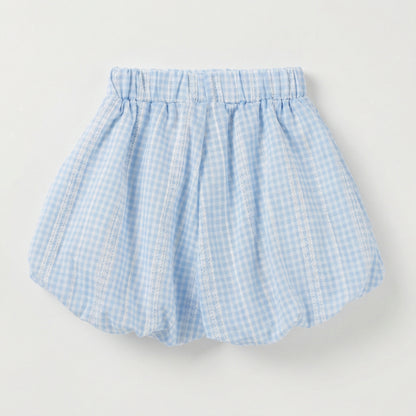 Bunny Print Short Sleeve Blue Plaid Bubble Suit Girl